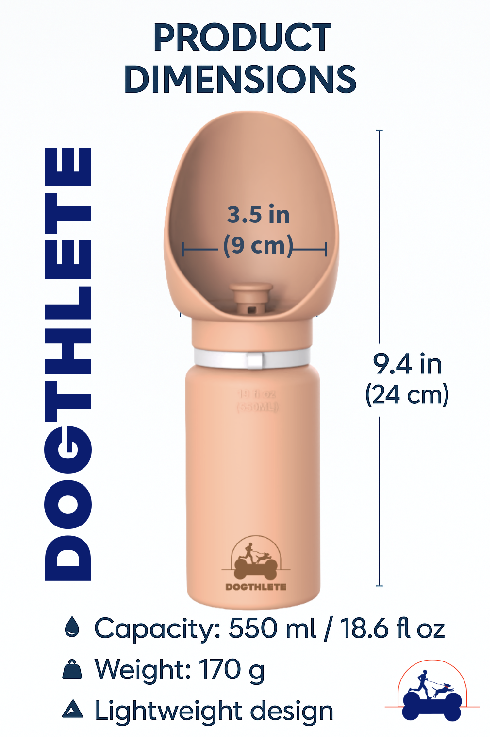 DOGTHLETE Portable Dog Water Bottle, 500ml Leakproof Travel Pet Dispenser with Wide Bowl Coral Peach